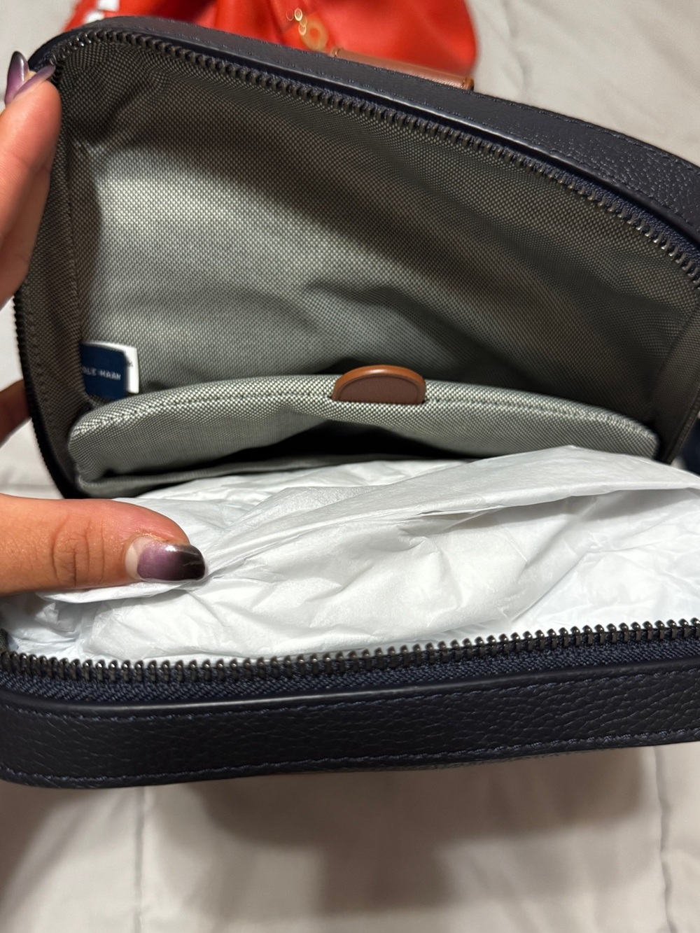 Cole Haan Navy and British Tan Leather Sling Bag - Picture 6 of 9